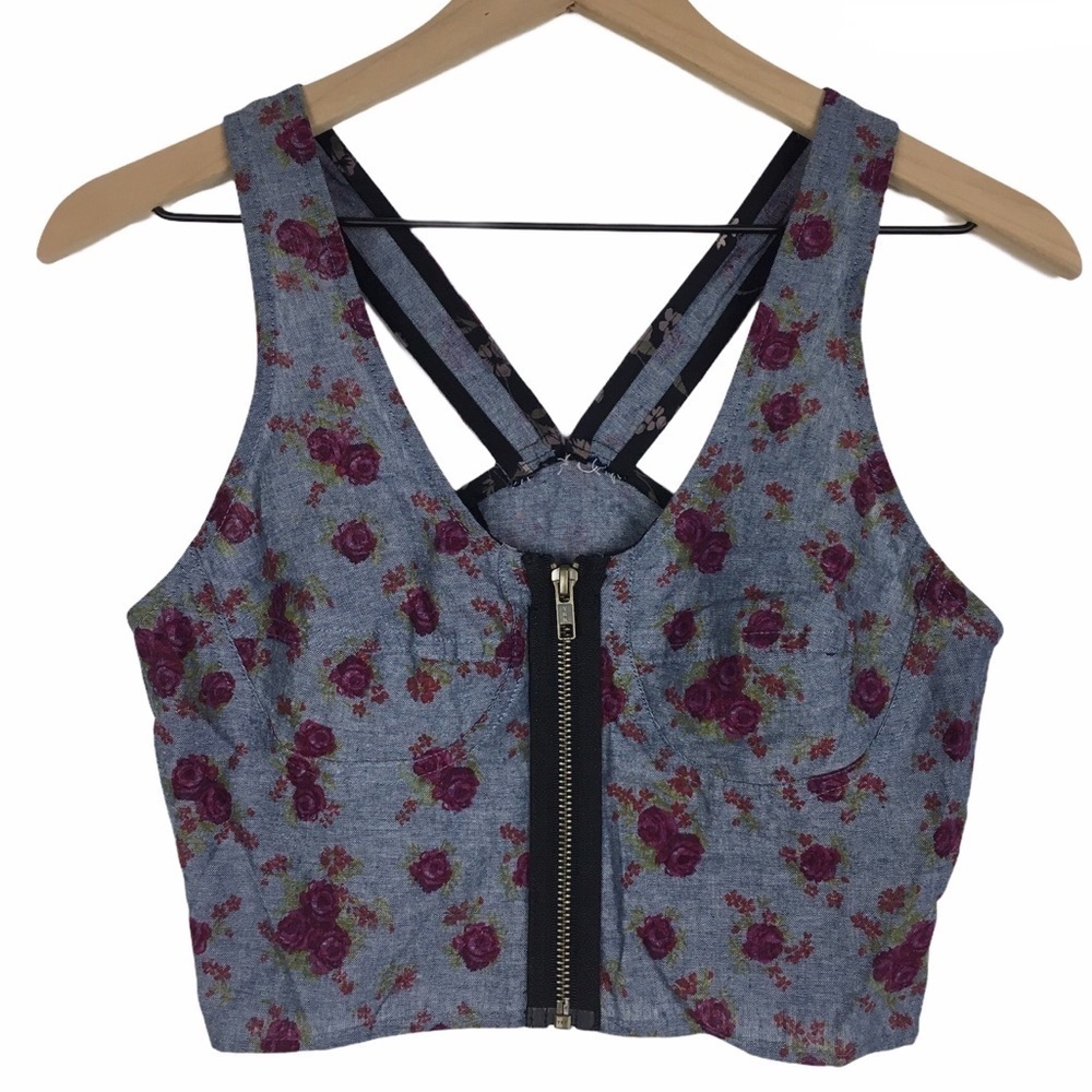 URBAN OUTFITTERS Renewal Crop Top Floral Flowers Chambray Zipper Front Small